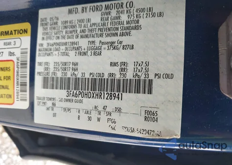 2017 Ford Fusion Se from USA, damaged, VIN 3FA6P0HDXHR128941